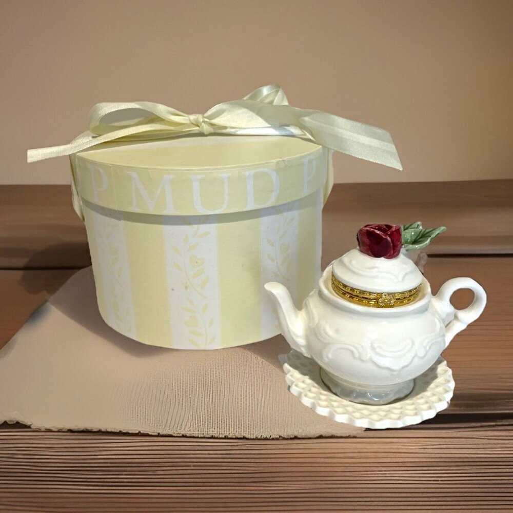 Vintage 1999 Mud Pie Teapot Trinket Box White Red Rose Hinged Lid Ceramic NIB